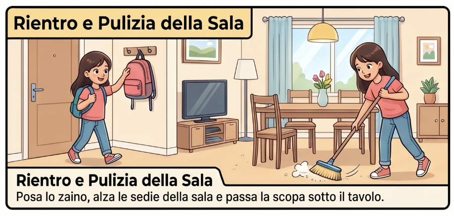 Rientro e pulizia della sala: posa lo zaino, alza le sedie della sala e passa la scopa sotto il tavolo