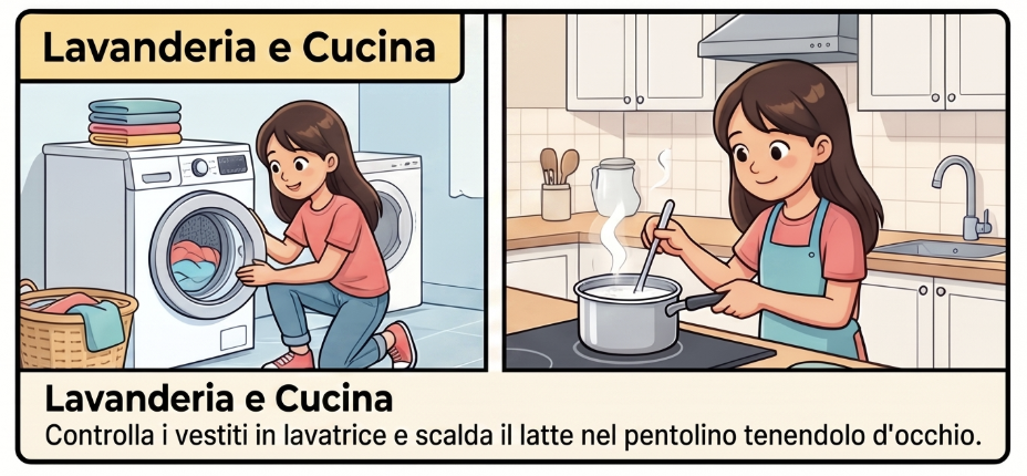 Lavanderia e cucina: controlla i vestiti in lavatrice e scalda il latte nel pentolino tenendolo d&rsquo;occhio