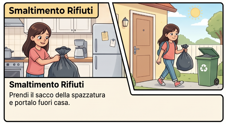 Smaltimento rifiuti: prendi il sacco della spazzatura e portalo fuori casa, nel bidone